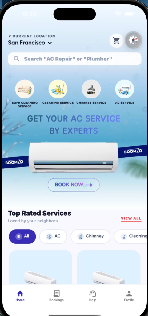 Boomzo customer app home screen